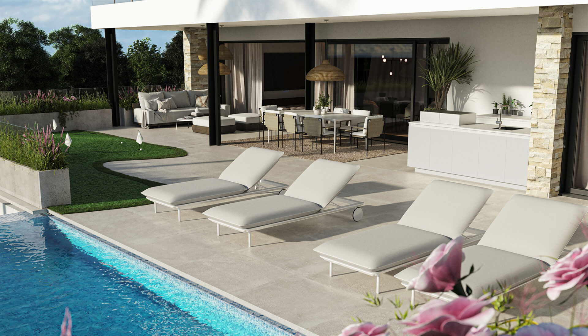 A spacious and well-designed terrace with a sparkling pool and plenty of room for outdoor furniture