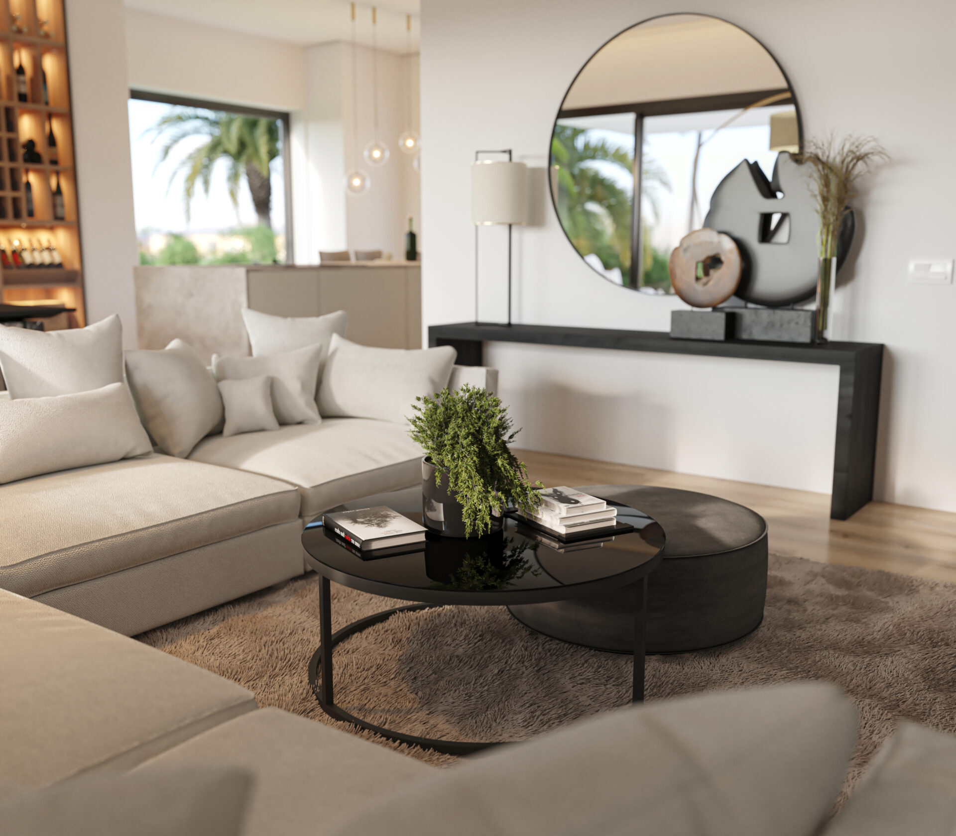 spacious, modern living room interior with sleek furniture and a chic design style.