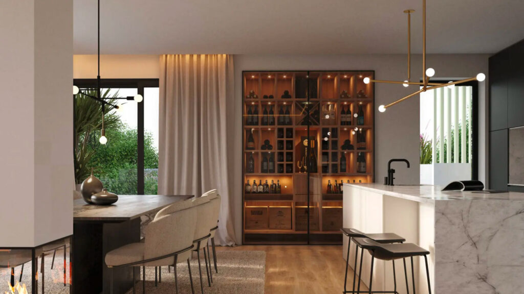 A luxurious penthouse apartment with a modern and sophisticated design. The kitchen is well-equipped with top-of-the-line appliances, including a built-in wine fridge.